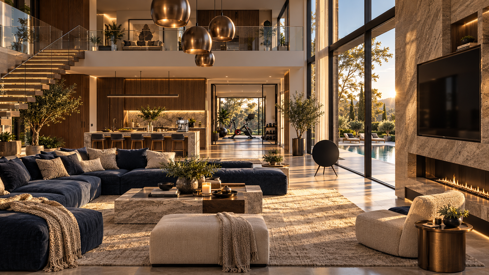 A double-height modern mansion with bronze pendants, navy sofas, a walnut kitchen, a home gym and a pool terrace